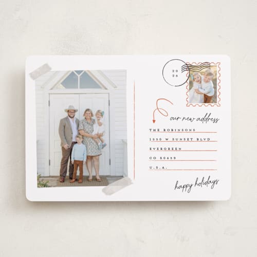 This is a cinnamon holiday photo cards with standard by Gwen Bedat called return address printing on recycled smooth signature in standard