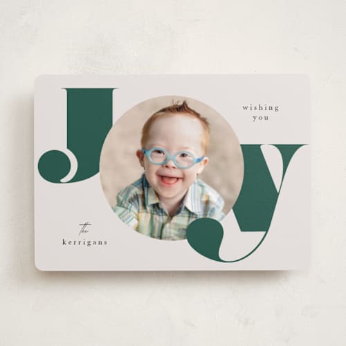 This is a wreath holiday photo cards with standard by Lori Wemple called joy frame printing on recycled smooth signature in standard