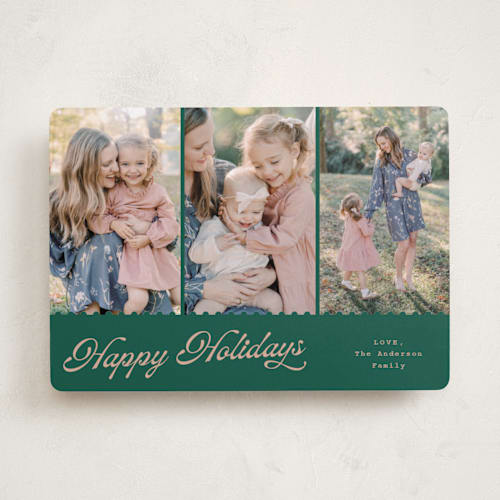 This is a wreath holiday photo cards with standard by Cass Loh called jagged edge printing on recycled smooth signature in standard