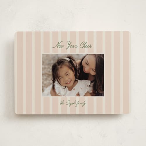 This is a salmon holiday photo cards with standard by Ellen Schlegelmilch called script & stripes printing on recycled smooth signature in standard