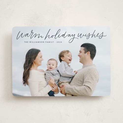 This is a midnight holiday photo cards with standard by Kristen Magee called warm holiday wishes script printing on recycled smooth signature in standard