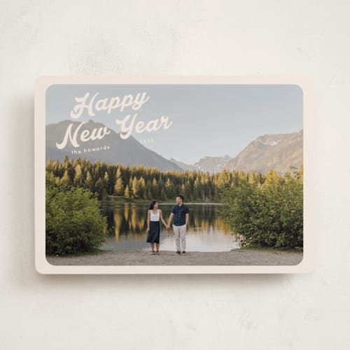 This is a buttercream holiday photo cards with standard by Morgan Kendall called vintage postcard printing on recycled smooth signature in standard
