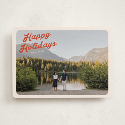 This is a poinsettia holiday photo cards with standard by Morgan Kendall called vintage postcard printing on recycled smooth signature in standard