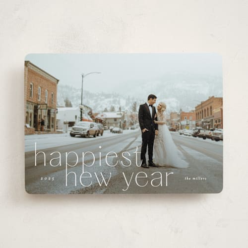 This is a snow holiday photo cards with standard by Amy Kross called merrier and brighter printing on recycled smooth signature in standard