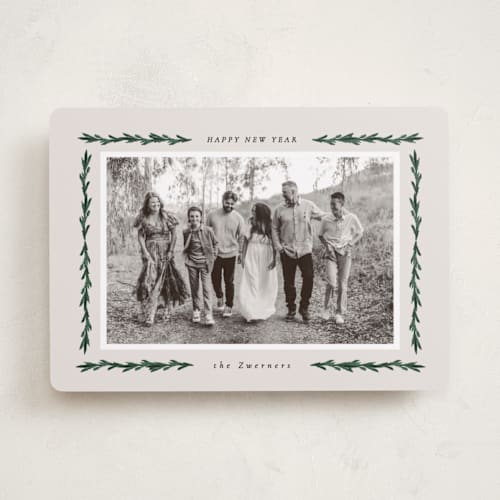 This is a ivory holiday photo cards with standard by Sara Hicks Malone called e v e r g r e e n printing on recycled smooth signature in standard