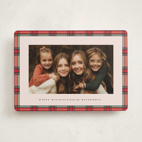 This is a holly berry holiday photo cards with standard by Olivia Kanaley Inman called taffeta tartan printing on recycled smooth signature in standard