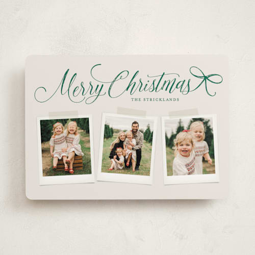 This is a evergreen holiday photo cards with standard by Hooray Creative called scripted red bow printing on recycled smooth signature in standard