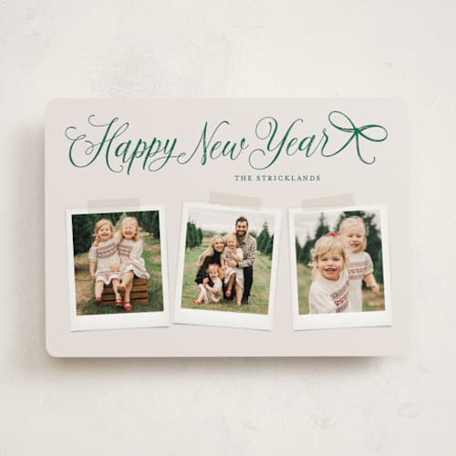 This is a evergreen holiday photo cards with standard by Hooray Creative called scripted red bow printing on recycled smooth signature in standard