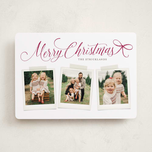 This is a wine holiday photo cards with standard by Hooray Creative called scripted red bow printing on recycled smooth signature in standard