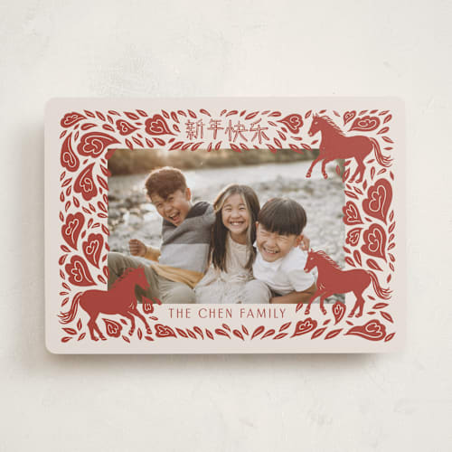 This is a crimson chinese new year cards with standard by Katharine Watson called papercut horse printing on recycled smooth signature in standard