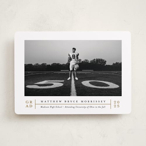 This is a golden graduation announcements with standard by Erica Krystek called modern grid printing on recycled smooth signature in standard
