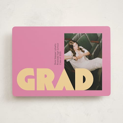 This is a bubblegum graduation announcements with standard by Claire called bold baddie printing on recycled smooth signature in standard
