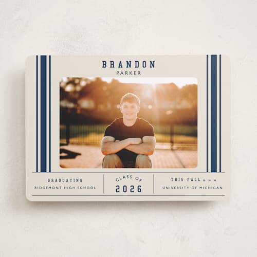 This is a navy graduation announcements with standard by Sarah Rosenthal called mvp printing on recycled smooth signature in standard