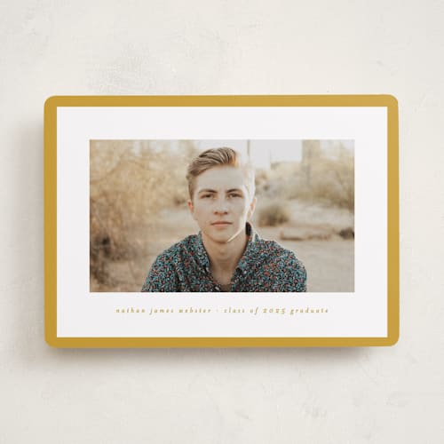 This is a marigold graduation announcements with standard by Lea Delaveris called wrapped printing on recycled smooth signature in standard