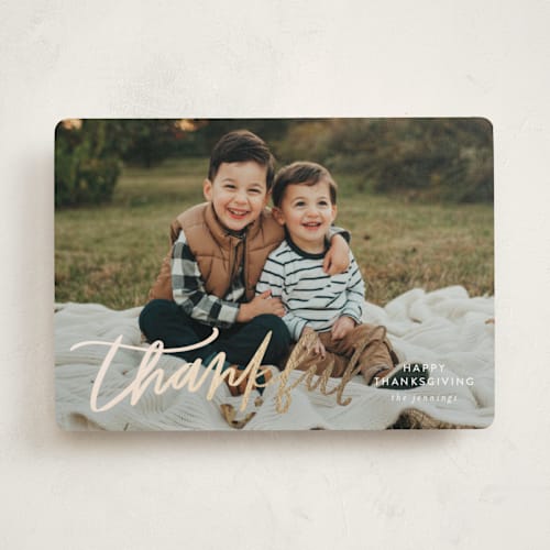 This is a snow thanksgiving cards invitations with foil pressed by Itsy Belle Studio called lettered thankful printing on recycled smooth signature in standard