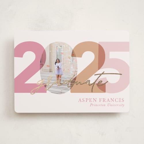 This is a blush graduation announcements with foil pressed by Carolyn Hunt called block print printing on recycled smooth signature in standard
