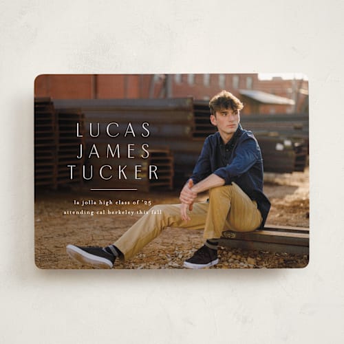 This is a linen graduation announcements with standard by Erica Krystek called stacked name printing on recycled smooth signature in standard