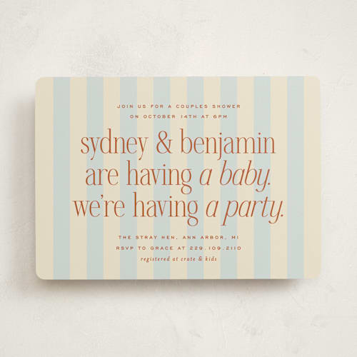 This is a powder blue baby shower invitations with standard by Ellen Schlegelmilch called we're having a party printing on signature in standard
