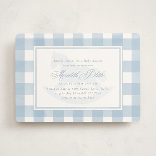 This is a sky baby shower invitations with standard by Melinda Denison called classic gingham printing on signature in standard