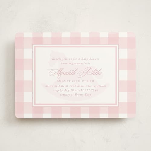 This is a petal baby shower invitations with standard by Melinda Denison called classic gingham printing on signature in standard