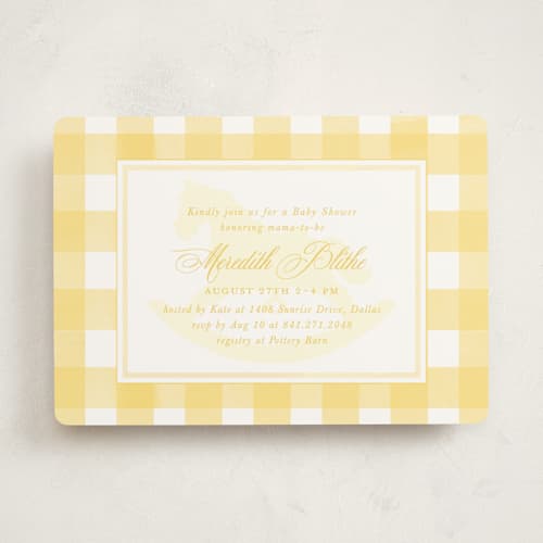 This is a buttercup baby shower invitations with standard by Melinda Denison called classic gingham printing on signature in standard