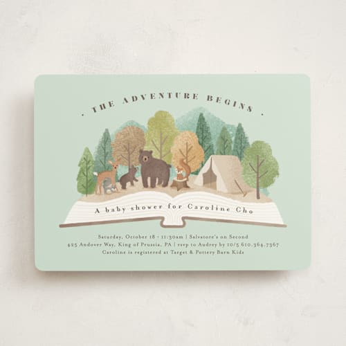 This is a mint baby shower invitations with standard by Jennifer Wick called woodland adventure printing on signature in standard