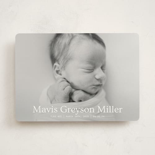 This is a snow birth announcements with standard by Emmeline Bramble called simple in serif printing on signature in standard
