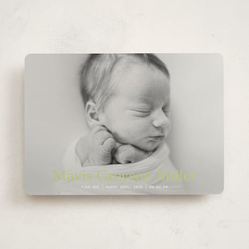 This is a lemongrass birth announcements with standard by Bramble Studio called simple in serif printing on signature in standard