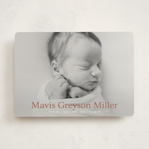 This is a cinnamon birth announcements with standard by Bramble Studio called simple in serif printing on signature in standard