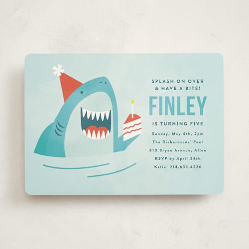 This is a ocean kids birthday invitations with standard by Susan Asbill called shark splash printing on signature in standard