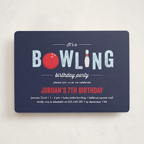 This is a blue slate kids birthday invitations with standard by Anupama called bowling birthday party printing on signature in standard