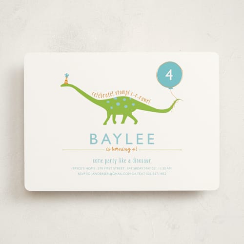 This is a lake kids birthday invitations with standard by freckle fish called party like a dinosaur printing on signature in standard
