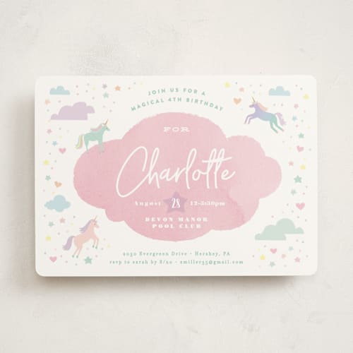 This is a bubblegum kids birthday invitations with standard by Jennifer Wick called unicorn dreams printing on signature in standard
