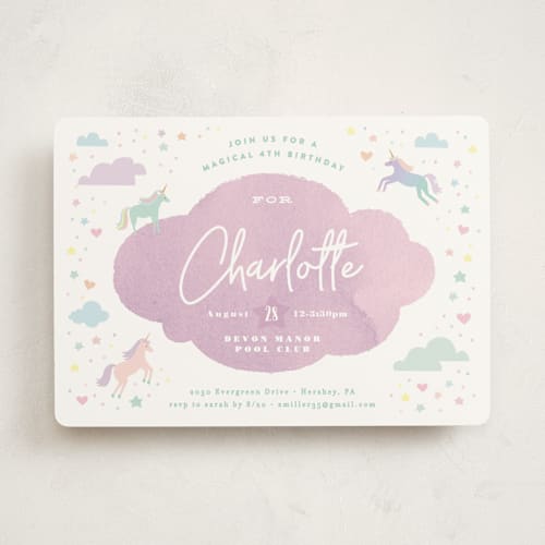 This is a grape kids birthday invitations with standard by Jennifer Wick called unicorn dreams printing on signature in standard
