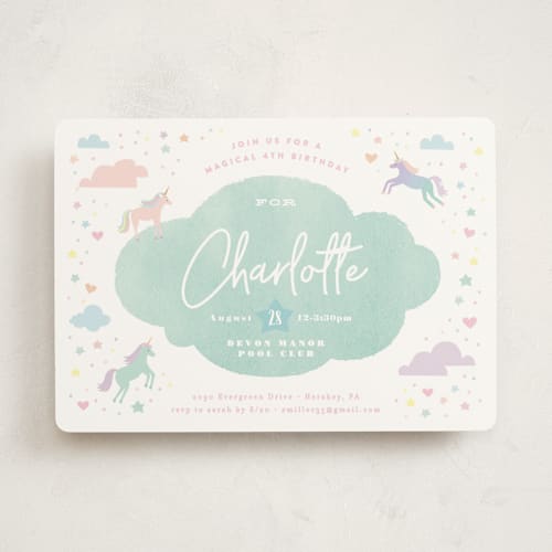 This is a teal kids birthday invitations with standard by Jennifer Wick called unicorn dreams printing on signature in standard