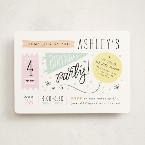 This is a cotton candy kids birthday invitations with standard by Jennifer Wick called details details printing on signature in standard