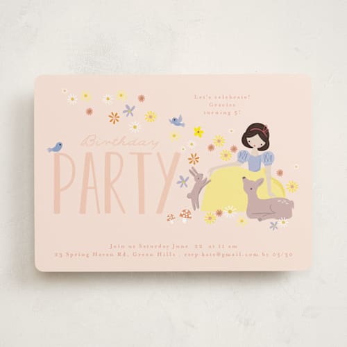 This is a peach kids birthday invitations with standard by Angela Thompson called disney's snow white & forest friends printing on signature in standard