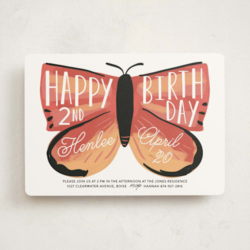 This is a coral kids birthday invitations with standard by Rebecca Durflinger called birthday butterfly printing on signature in standard
