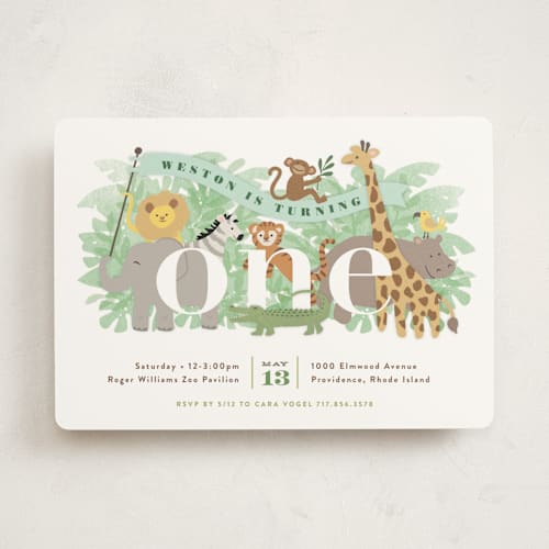 This is a jungle kids birthday invitations with standard by Jennifer Wick called jungle one printing on signature in standard