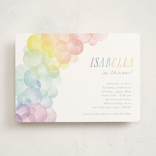 This is a rainbow kids birthday invitations with standard by Robert and Stella called balloon arch printing on signature in standard