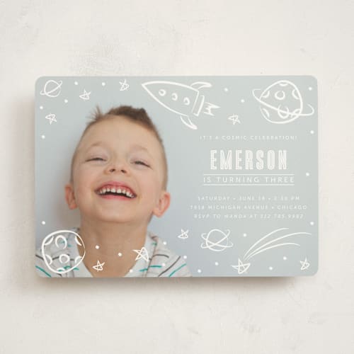 This is a ivory kids birthday invitations with standard by Lehan Veenker called cosmic doodles printing on signature in standard