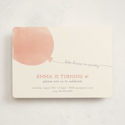 This is a coral kids birthday invitations with standard by Brianne Larsen called simple balloon printing on signature in standard