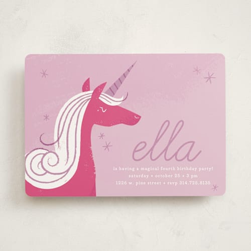 This is a lilac kids birthday invitations with standard by Carmi Cioni called sweet unicorn printing on signature in standard