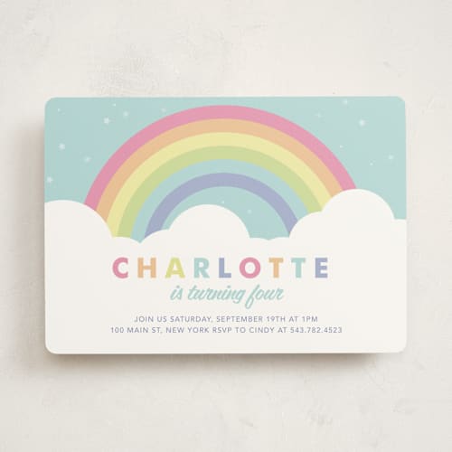 This is a mint kids birthday invitations with standard by Maria Alou called pastel rainbow sparkles printing on signature in standard