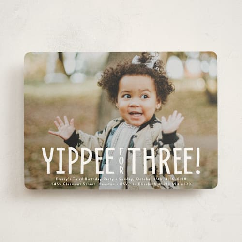 This is a sugar kids birthday invitations with standard by Susan Asbill called yippee for three! printing on signature in standard