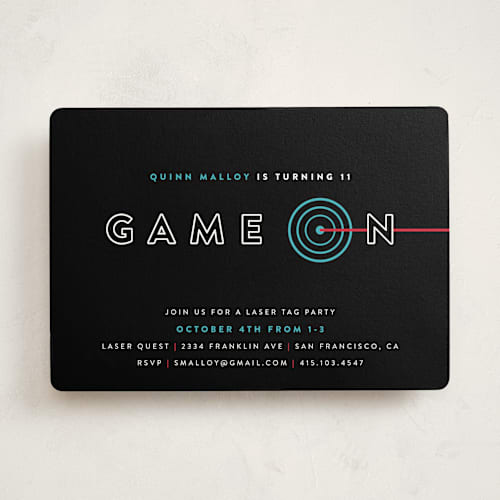 This is a electric blue kids birthday invitations with standard by Melissa Egan of Pistols called laser target printing on signature in standard