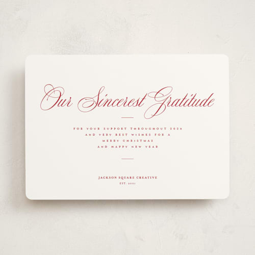 This is a santa suit business holiday cards with standard by Blustery August called milano printing on signature in standard
