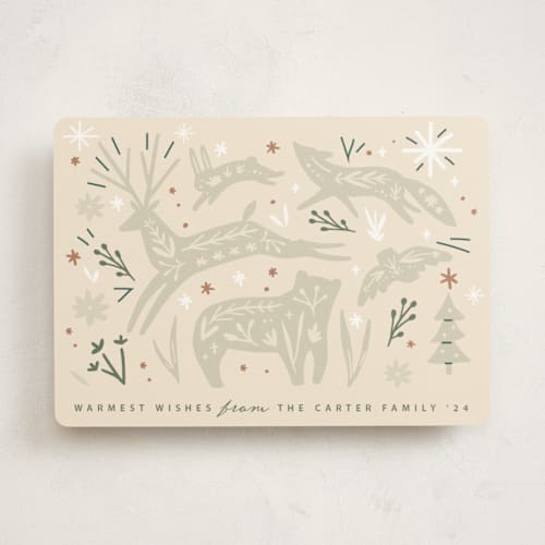 This is a sage non photo holiday cards with standard by Hannah Williams called woodland folk printing on signature in standard