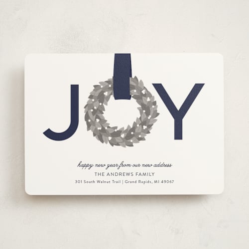 This is a blueberry non photo holiday cards with standard by Sarah Brown called joy wreath printing on signature in standard