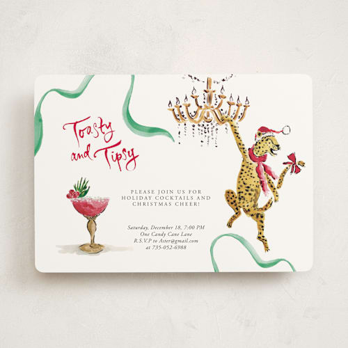 This is a scarlet holiday party invitations with standard by Jill Delavan called toasty and tipsy printing on signature in standard